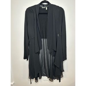 LOGO Lounge by Lori Goldstein Waffle Knit Cascading Cardigan Black Medium Sheer